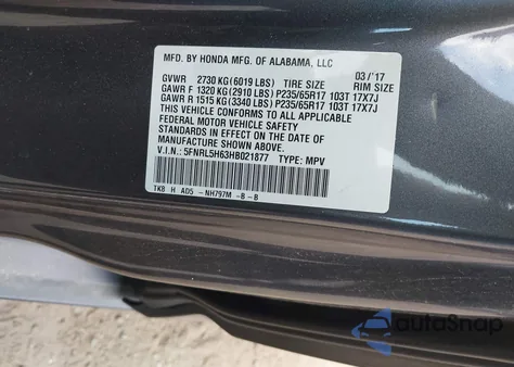 2017 Honda Odyssey Ex-L из США, поврежденный, VIN 5FNRL5H63HB021877